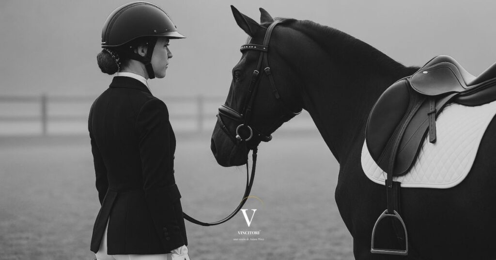 Amazona profesional de pie con el casco en la mano, frente a la pista, imagen en blanco y negro que representa la tensión emocional antes de competir. Vincitori Adara Pérez