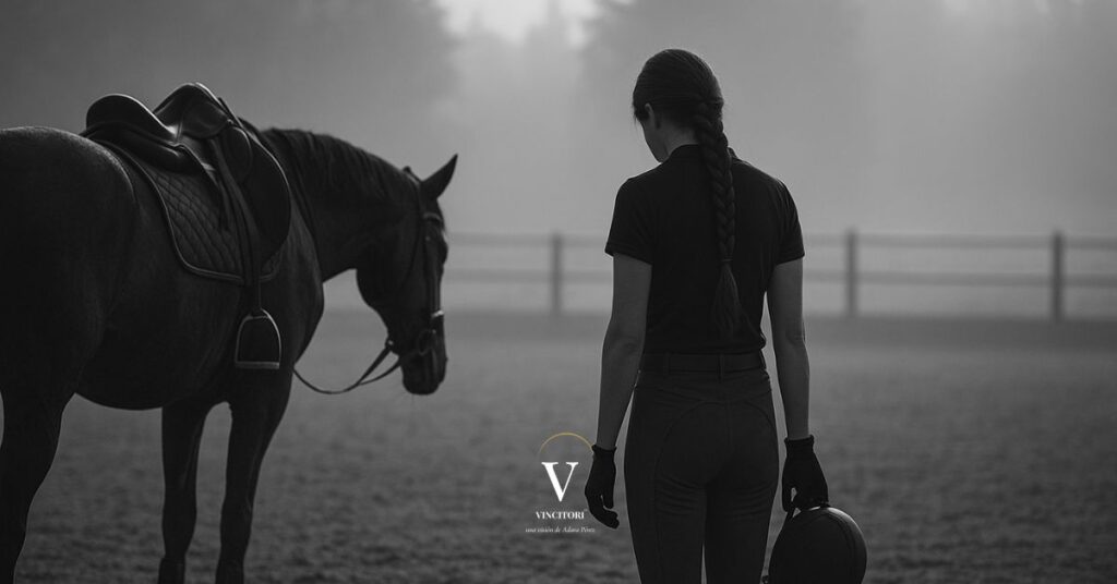 Amazona de espaldas junto a su caballo en un entorno brumoso, imagen en blanco y negro que representa el conflicto emocional invisible | vincitori Adara Pérez