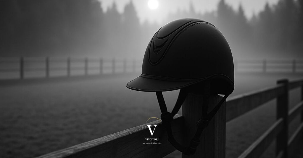 Casco de amazona sobre una valla al amanecer, imagen en blanco y negro que simboliza la duda, la pausa emocional y el peso de la autoexigencia. Vincitori Adara Pérez